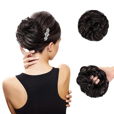Hair Bun Extensions, Hairpiece Hair Rubber Scrunchies Curly Messy Bun Wavy Curly Donut Hair Chignons Bridal Hairstyle Voluminous Wavy Messy Bun Updo Hair Pieces with Hair Rope and Hairpin, Brown Black