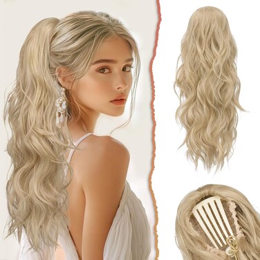 SOFEIYAN Drawstring Ponytail Extension 24 Inch Wavy Curly Clip on Hairpiece Comb Clip in Ponytail Extensions Layered Fluffy Thick Pony Tails Hair Extension Synthetic Hairpieces for Women-Ash Blonde