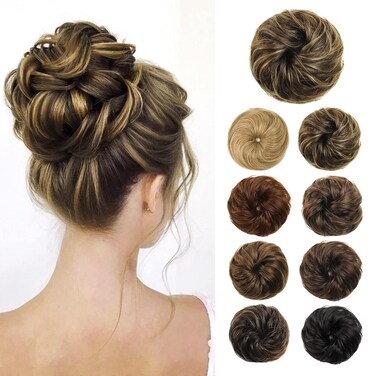 Flufymooz Messy Bun Hair Piece, 100% Real Human Hair Tousled Updo Extension Natural Curly Messy Bun with Elastic Band Hair Bun Hair Piece Ponytail Extensions for Women?Medium Brown with Highlights?