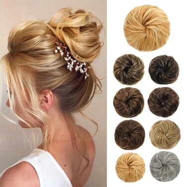 Flufymooz Messy Bun Hair Piece, 100% Real Human Hair Tousled Updo Extension Natural Curly Messy Bun with Elastic Band Hair Bun Hair Piece Ponytail Extensions for Women?Blonde with Highlights?