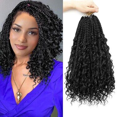 Boho Box Braids Crochet Hair 8 Packs Boho Crochet Braids Pre Looped 1B Goddess Box Braids Crochet Hair for Black Women 14 Inch Boho Braids Crochet Hair Extension