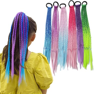 17 Inch Colored Hair Extensions for Kids,Girls Rubber Bands Hair Extensions for Kids, 6 Pieces Braided Ponytail Extension, Crazy Hair Day Accessories (A hair ring with 8 braids)