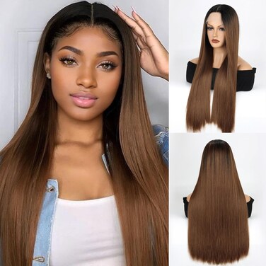 Synthetic Lace Front Wigs For Women Ombre Brown Blonde Straight Hair Glueless 13x4x1 Long Straight Natural Heat Resistant Fiber Natural Wig With 26 Inch (OBB)