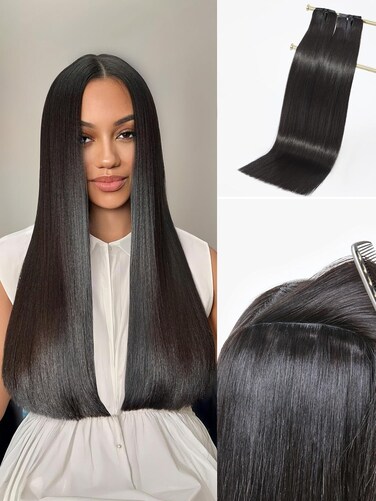 LUVME Invisible Clip in Hair Extensions, 16 Inch 2 Pack 220g 14pcs Silky Straight Human Hair Natural Black Clip ins for Women