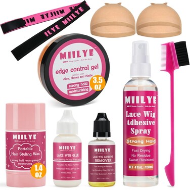 MIILYE Lace Wig Melting Spray 4oz +Lace Wig Glue 1.3oz +Wig Glue Remover 1oz +Edge Control Hair Styling Gel 3.5oz +Hair Wax Stick 1.4oz +Wig Band +Wig Caps +Brush Wig Installation Kits