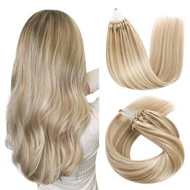 SUYYA Micro Loop Hair Extensions - Real Human Hair, Ash Blonde/Bleach Blonde, Straight, 50 Strands, 40g/Pack (14 inch #P18/613)