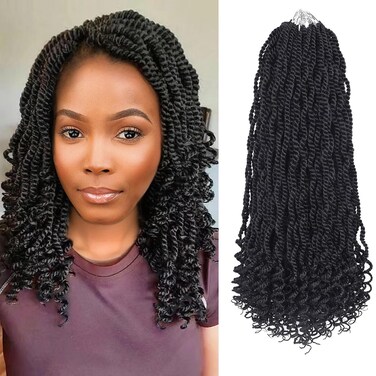 Wavy Senegalese Twist Crochet Hair Curly Ends 16 Inch 8 Packs Short Pre Loope Crochet Hair for Black Women Crochet Kinky Twist Braiding Hair Extensions (16 Inch,1B)