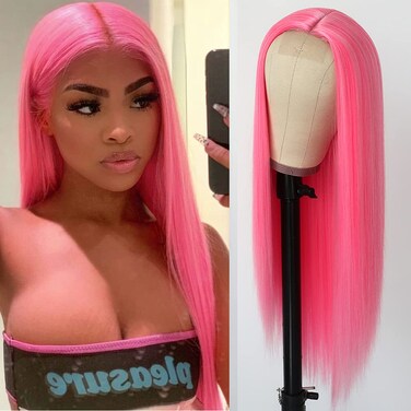 QD-Tizer Pink Synthetic Hair Wigs Natural Red Pink Mixed Long Straight Hair Heat Resistant Synthetic Wigs for Fashion Women