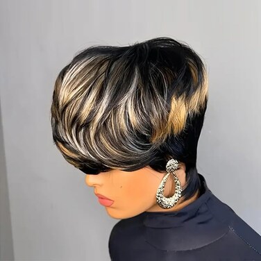 Short Human Hair Wig Pixie Cut Wig for Black Women Human Hair Multicolor Layered Short Haircut wig Glueless Wig with Bangs Full Machine Made Wig Quick Get Up and Go Wig