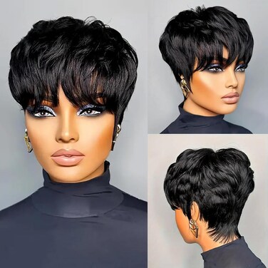 Short Pixie Cut Wig for Black Women Black Pixie Human Hair 1B Short Wigs for Women Soft Real Human Hair Glueless Layered Wigs with Bangs Full Machine Made