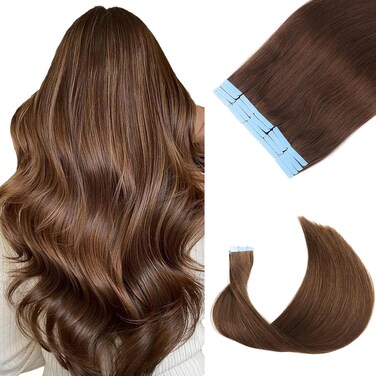 Tape in Hair Extenions Chocolate Brown 100% Remy Human Hair Tape in Straight Seamless Skin Weft Tape Hair Extensions Real Natural Hair Extensions 50g 20Pcs （20 inches）
