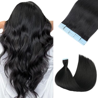 Tape in Hair Extenions Real Human Hair #1 Jet Black Hair Extensions Tape in Straight Seamless Skin Weft Tape Hair Extensions 50g 20Pcs