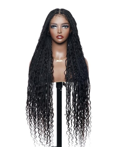 Human Hair Boho Curls Box Braided Wigs 36" Real Swiss HD Full Lace Lightweight High Density Knotless Tangle-free Boho Box Braided Wig - Extra Full 100 Strands Black Wig