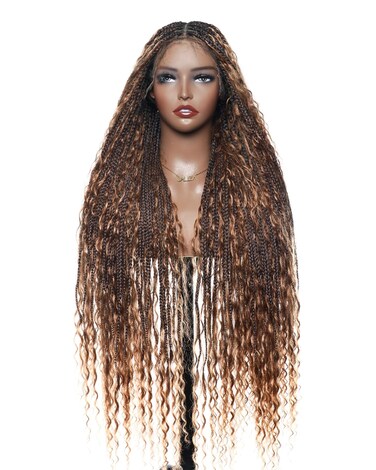 Human Hair Boho Curls Box Braided Wigs 36" Real Swiss HD Full Lace Lightweight High Density Knotless Tangle-free Boho Box Braided Wig - Ultra Full 121 Strands Ombre Brown Wig