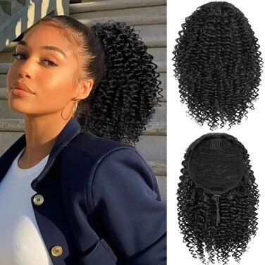 10&rdquo; Short Drawstring Ponytail for Black Women Afro Kinky Curly Ponytail Extension Deep Curly Synthetic Human Hair Blended Hair Pieces for African American Women (Black)