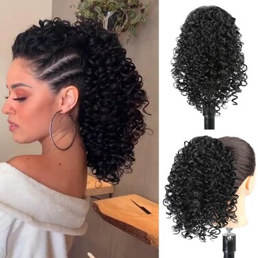 12 Inch Short Drawstring Ponytail for Black Women Afro Kinky Curly Ponytail Extension Deep Curly Human Hair Blended Hair Pieces for African American Women (Black)