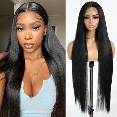 36" Super Long Black Wig Long Light Yaki Straight Synthetic Lace Front Wig for Women T Part Wig 150% Density Natural Black Heat Resistant Fiber Hair