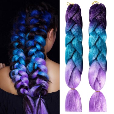 2 Pack Jumbo Braiding Hair - 24Inch purple-lake blue-light purple Braiding Hair Synthetic Hair Extensions Rainbow Braiding Hair High Temperature Synthetic braiding hair Wedding Makeup Styling