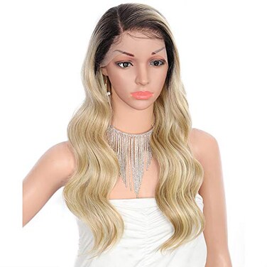 Kalyss 24" Side Parted Lace Front Wigs for Women Long Body Wavy Curly Heat Resistant Japan-made Synthetic Lace Frontal Wigs with Baby Hairs for Daily Wear (Ombre Blonde)