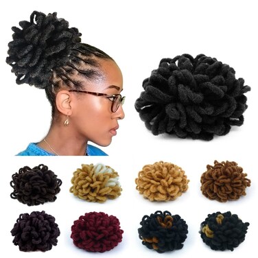 Loc Petal Bun Dreadlock Drawstring Ponytail Curly Faux Locs Braided Ponytail Clip in Chignon Scrunchies Hairpiece for Black Women Girls(Black)