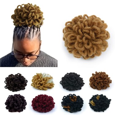 Light Brown Locs Ponytail Drawstring Buns for Black Women Dreadlock Ponytail Curly Loc Petal Bun Braided Faux Locs Bun Clip in on Braids Hairpieces(27#)