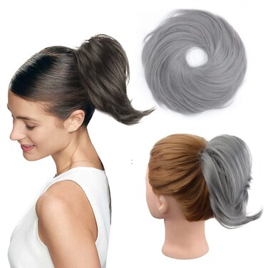 Grey Curly Messy Bun Hair Piece Synthetic Tousled Updo Hair Extension Ponytail With Elastic Rubber Band Updo Ponytail Scrunchies Hairpieces for Women(Dark Grey#)