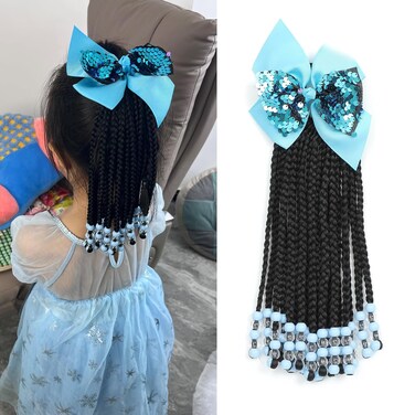 Kids Hair Accessories For Girls Kids Braided Ponytail Extension With Beads Braids Hair Extensions For Kids Pony Beads Synthetic Crochet Braids Hair (Blue&amp;Transparent, 9 Inch)