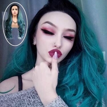 Ombre Blue Green Mermaid Wigs for Women Girls Best Pastel Black Green Wavy Natural Hairline Side Part Dark Roots 2Tone Handmade Synthetic Lace Front Wigs Soft Glueless Hair Replacement Wigs 24 Inch