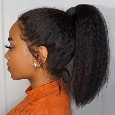 LEOSA Kinky Yaki Ponytail Extension Short Yaki Ponytails Drawstring Ponytail for Black Women Natural Jet Black Pony Tails Hair Extensions Synthetic Yaki Corn Hairpiece for Daily Use
