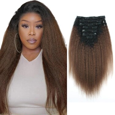 ABH AMAZINGBEAUTY HAIR Kinky Straight Clip in Hair Extensions Real Human Hair 16 Inch Piano Natural Black Mixed with Dark Brown #T4 Yaki Kinky Straight Clip ins Better Length Hair Clip in 120G/7Pcs