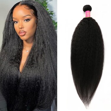 Kinky Straight Bundles Human Hair Yaki Straight Human Hair Bundles 12A 100% Unprocessed Brazilian Virgin Human Hair Bundles for Black Women Natural Black Hair Extension 1 Bundle 12 Inch