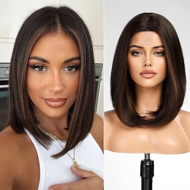 KOME Dark Brown Short Bob Wigs,Brown Straight Shoulder Length Wigs for Women,Middle Part Heat Resistant Fibre Synthetic Wig Daily Use