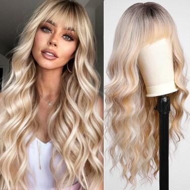 KOME Ombre Blonde Wigs with Bangs,Long Curly Wig for Women,Blonde Long Wavy Wig Synthetic Hair Wig for Party Cosplay Daily Use 24IN