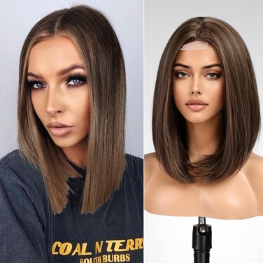 KOME Natural Brown Highlight Short Bob Wigs,Brown Straight Shoulder Length Wigs for Women,Middle Part Heat Resistant Fibre Synthetic Wig Daily Use&hellip;