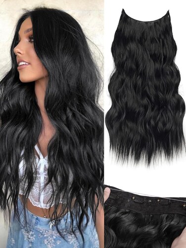 KooKaStyle Invisible Wire Hair Extensions with Transparent Headband Adjustable Size 4 Secure Clips Black Long Wavy Hairpiece 20 Inch for Women