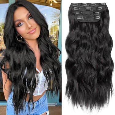 KooKaStyle Clip in Synthetic Hair Extensions Long Wavy 4PCS Thick Hairpieces Black Fiber Double Weft Natural Hair Extensions 20 Inch for Women