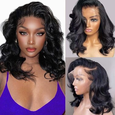 Bob Wig Human Hair 13x4 Body Wave HD Lace Front Wigs Human Hair 180% Density Glueless Wigs Human Hair Pre Plucked Short Bob Wigs for Black Women Human Hair Natural Black Color 14inch