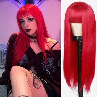 Straight Wigs with Bangs 26 Inches Long Straight Red Synthetic Silky Wig with Bangs Hair Wig for Women Heat Resistant Wigs