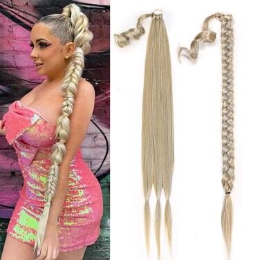 LADY MIRANDA Long Blonde Braided Ponytail Extension with Sparkling Tinsel 34 Inch Straight Wrap Around Pony Tails Hair Extensions with Hair Tie Synthetic braid Ponytail Hair Piece for Women