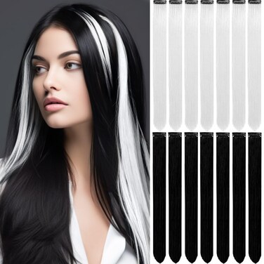 Colored Hair Extensions 14 PCS, 22 Inches Black and White Clip in Hair Extensions Party Highlights, White Black Long Straight Synthetic Hairpieces for Girls Women Kids Gift(Black White)