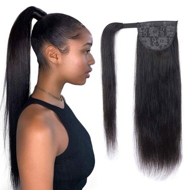 Magic Paste Ponytail Extensions Straight Human Hair Magic Paste Wrap Around Ponytail Natural Black 100% Real Remy Hair Extensions for Women 16 Inchs