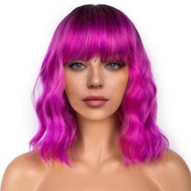 Colourful Short Bob Wigs with Bangs for Women Loose Wavy Wig Curly Wavy Shoulder Length Bob Synthetic Cosplay Wig for Girl Colorful Costume Wigs, Black-Rose mixed Purple
