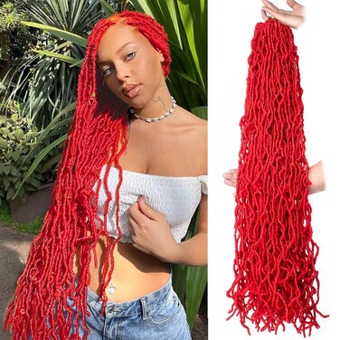 Leeven Red Soft Locs 36 Inch Crochet Braids Hair 7 Pakcs Distressed Faux Locs Long Boho Goddess Locs Natural Butterfly Locs Curly Wavy Synthetic Braiding Hair Dreadlock Extensions for Black Women