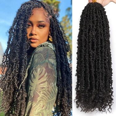 Leeven 24 Inch Pre-twisted Butterfly Locs Crochet Hair 6 Packs Natural Black Long Distressed Faux Locs Crochet Braids Hair With Curly Ends Pre-looped Messy Bohemian Butterfly Braids Hair
