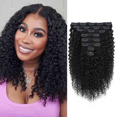 Kinky Curly Clip ins Human Hair 3C 4A Curly Clip in Hair Extensions Full Head for Black Women Brazilian Remy Human Hair 8Pcs with 20Clips Natural Black Color 18 Inch