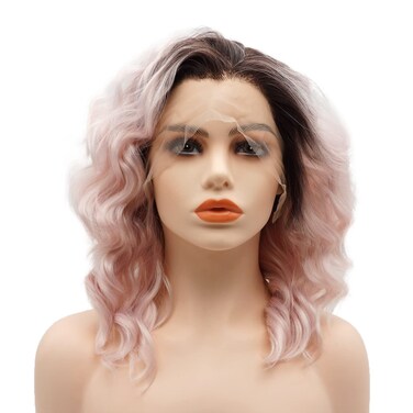 Hair Synthetic Lace Front Wig Wavy Short 14inch Dark Root Pink Ombre Heavy Density Realistic Wig