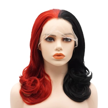 Hair Synthetic Lace Front Wig Wavy Shoulder Length 16inch Half Black Half Red Mix Heavy Density Heat Resistant Realistic Wig