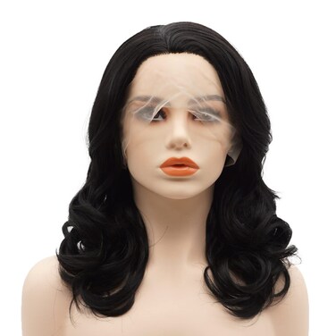 Hair Synthetic Lace Front Wig Wavy Shoulder Length 16inch Jet Black Heavy Density Heat Resistant Realistic Wig