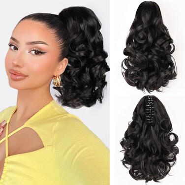 MAYSA Short Ponytail Hair Extension, 10 Inch Claw Clip Ponytail Extension, Wavy Curly Claw Clip in Ponytail Hair Extensions, Natural Fake Ponytail Synthetic Hairpiece for Women #2 Dark Brown