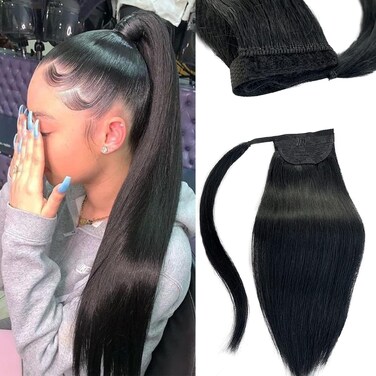 Licoville Ponytail Hair Extensions Human Hair #1 Clip on Ponytails for Black Women 18 Inch 80grams Silky Straight Jet Black Wrap Around Ponytail Extension Virgin Hair